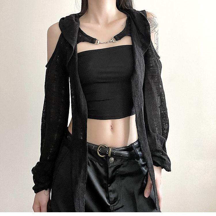 Handmade Off-the-Shoulder Distressed Hooded Women's Pullover - Irregular, Slimming, Versatile, Short Solid Color Jacket, Trendy Design.