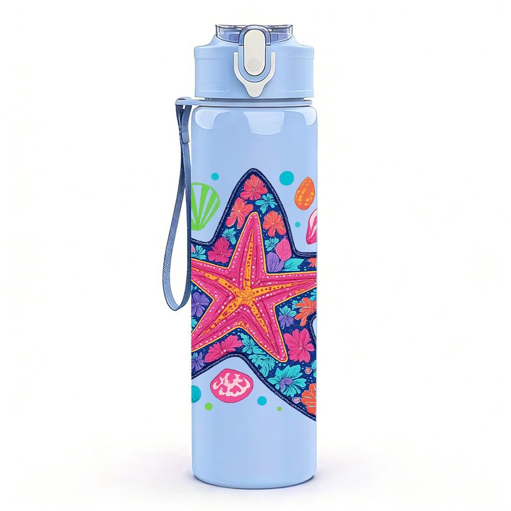 1PC Colorful Pattern Starfish 750ml Color Plastic Sports Water Bottle Leakproof Flip Straw Lid Suitable for Sports Office Home Use