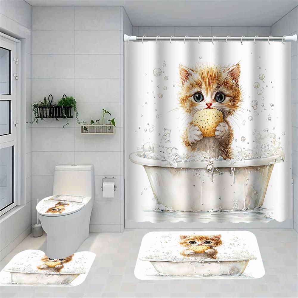 

1/4 Bathing Cat Print Shower Curtains, Toilet Seat Decoration, Shower Curtain With Carpet And Toilet Lid, 70.8X70.8 Inch W60H190(CM)-1 Pcs