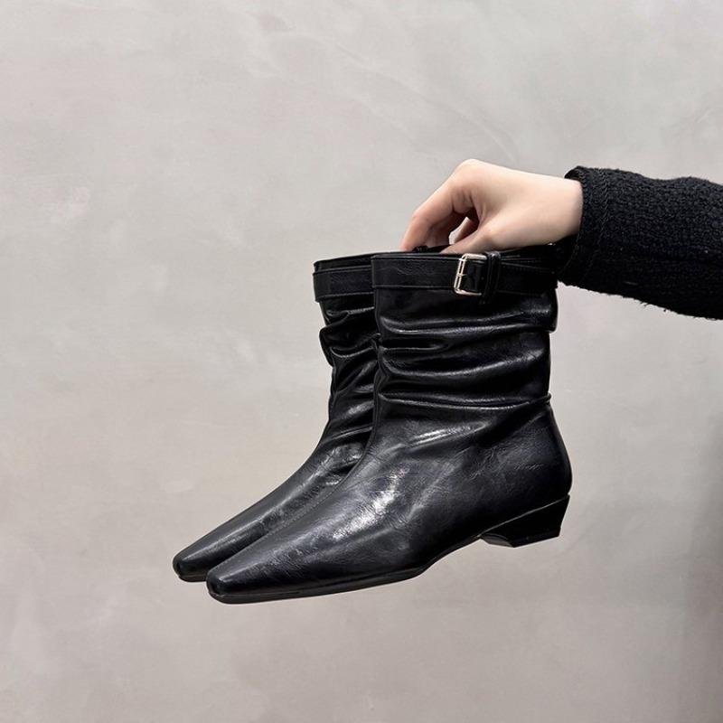 New Style Leather Belt Buckle Pointed Toe High-heel Shoes with Pleated Boots for Autumn and Winter