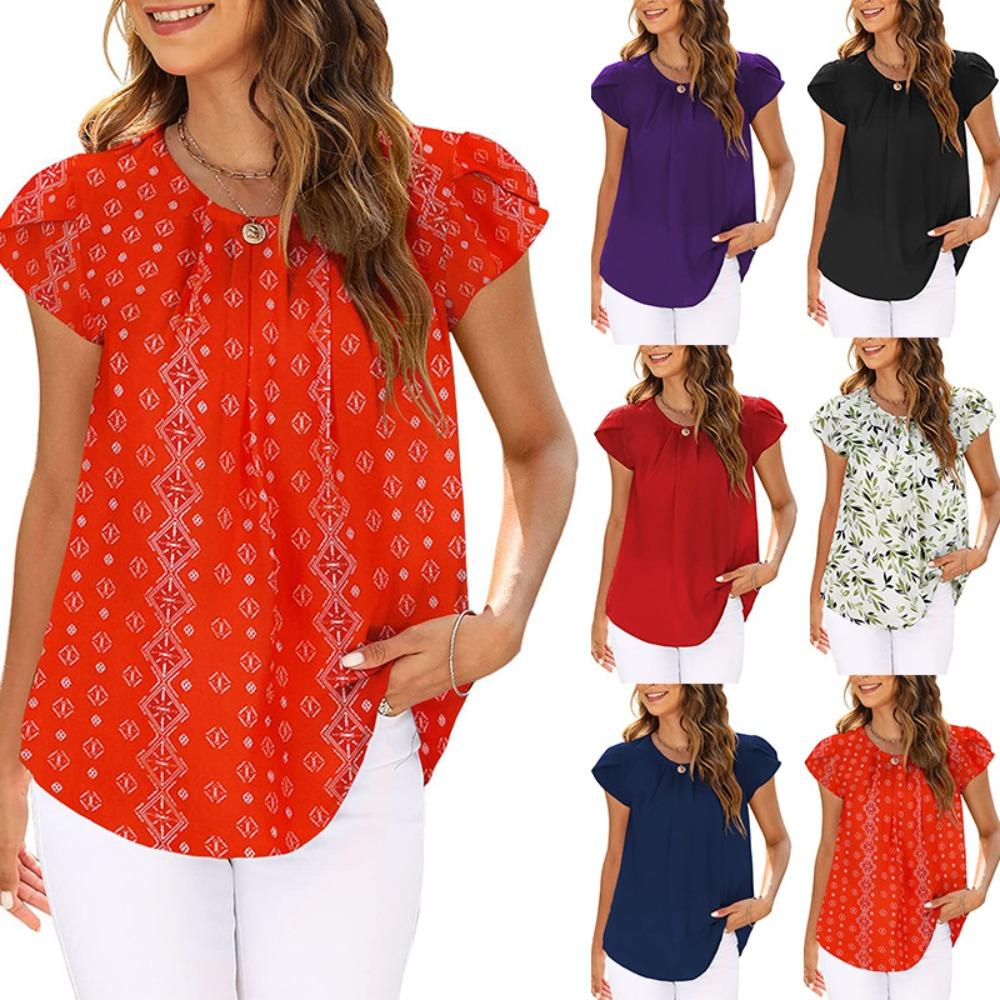 Women's Pleated Round Neck Petal Short Sleeve Loose Chiffon Top