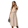 New Women's Polka Dot Chiffon Shirt Dress, V-Neck Short Sleeve Button Front Tie Waist A-Line Midi Dress for Spring Summer