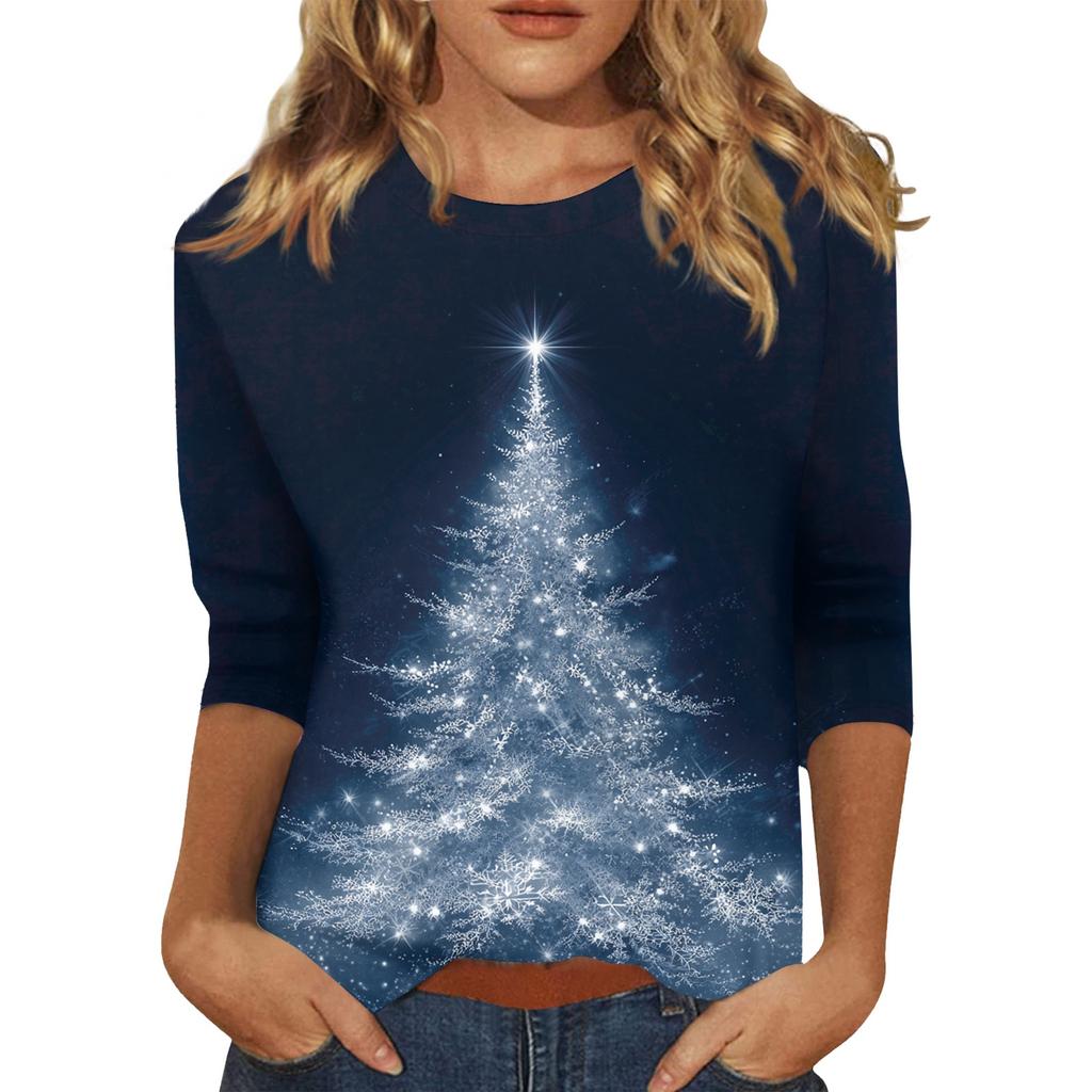 Women's O-Neck 3/4 Sleeve Christmas Print Top