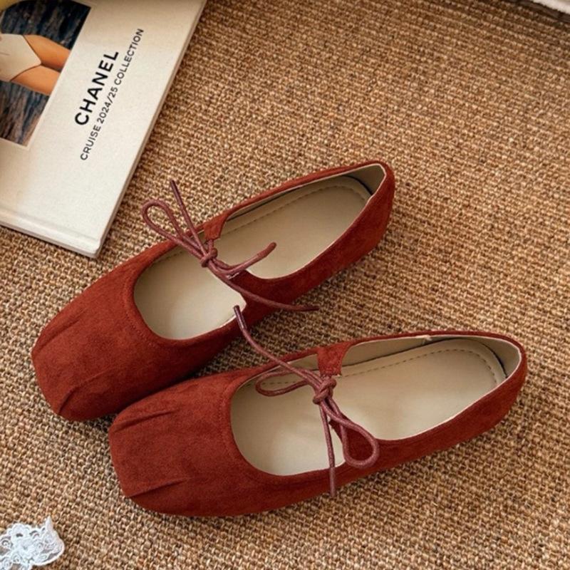 Inner Height Increase 5cm Lace-up Bow Single Shoes Women's Versatile Flat-bottomed Retro Square Head Soft-soled Ballet Shoes