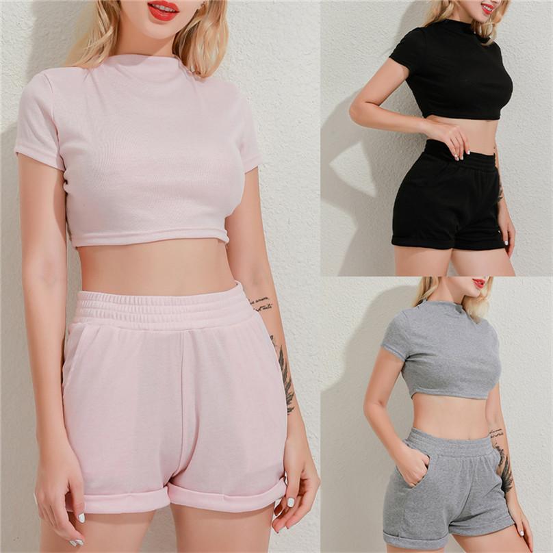 Ensemble de Sport confortable et Sexy pour femmes, couleur unie, col rond, manches courtes, haut court, taille haute, pantalon