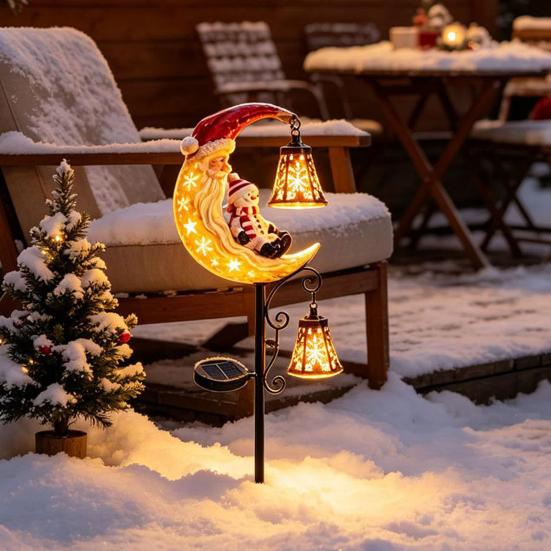 Year Round Outdoor Garden Decor Solar Christmas Stake Light, 31.5 Inch Santa Snowman LED Pathway Lights, Warm Lawn Ornaments Waterproof Metal