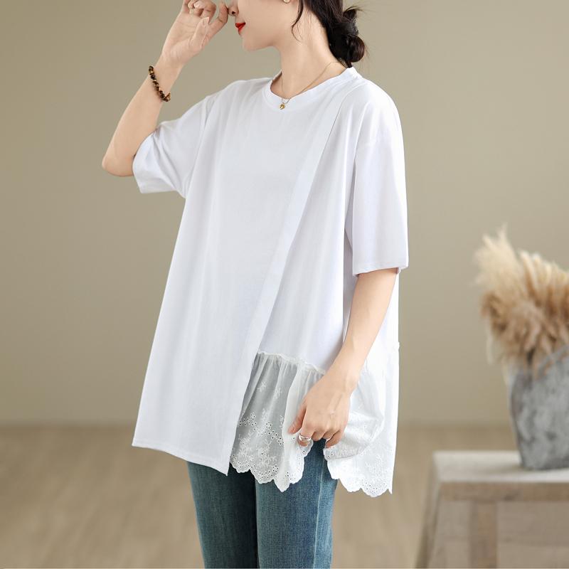 DIMANAF 2025 Summer Plus Size Lace Spliced Oversized T-Shirt Women Loose Tops Tees Casual New Shirt
