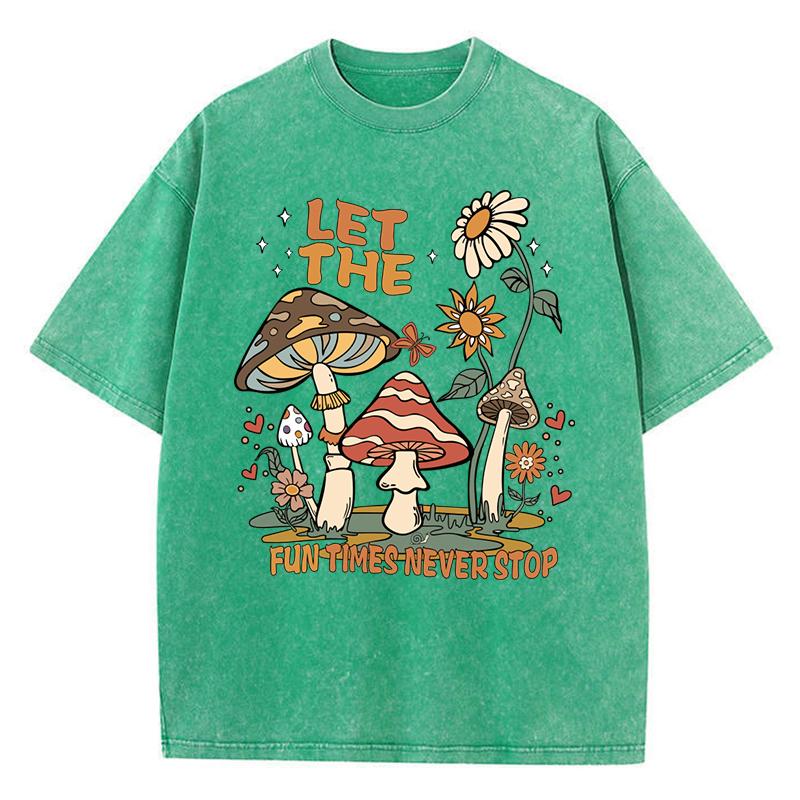 Fun Times Never Stop Mushroom Sunflower Print Washed Womens T-Shirt Loose T Shirts Summer Cotton Streetwear Clothes