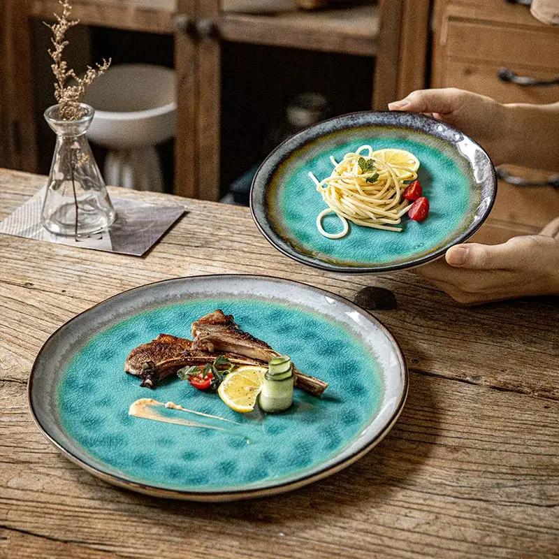 11 Inches Blue Ceramic Dinner Plate Irregular Western Food Steak Pasta Plate Hotel Restaurant Fruit Salad Dessert Dishes Cutlery