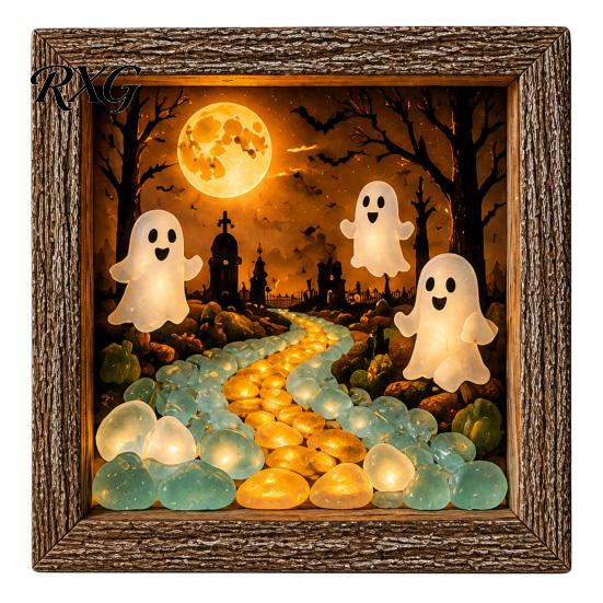 Unique Halloween Gifts for Her DIY Shadow Box Night Light Kit, 8.5 Inch Wooden Frame LED Craft Set with Lighted Kits Luminous Stones & Acrylic Panels,