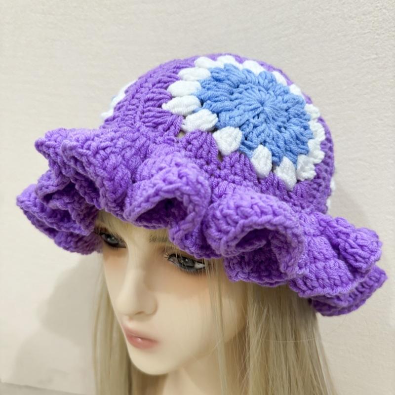 Hand Crochet Bucket Hat with Ruffled Edge Warm Fisherman Hat Ethnic Flower Hat Headwear for Women Winter Elegances