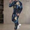 Men Plus Size Printed Navy Blue Round Neck Long Sleeve Top And Cuffed Pants Two Piece Sets