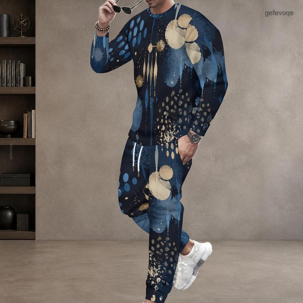 Men Plus Size Printed Navy Blue Round Neck Long Sleeve Top And Cuffed Pants Two Piece Sets