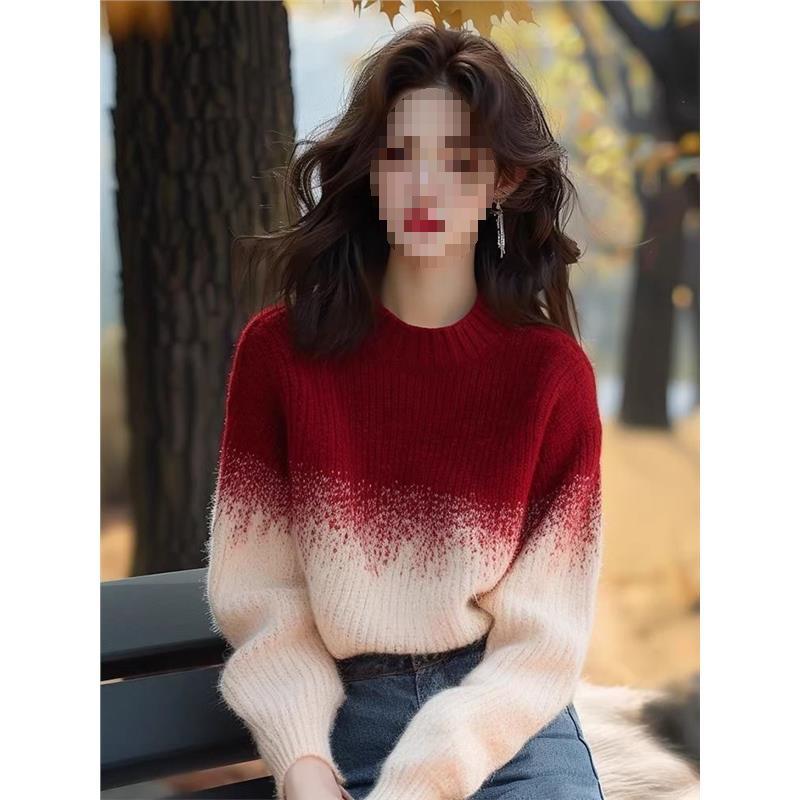 Ankela Women's Red Apricot Gradient Round Neck Winter Sweater - Stylish Knitwear Top