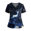Women's Christmas Print V-Neck Short Sleeve Top with Double Pockets and Side Slits