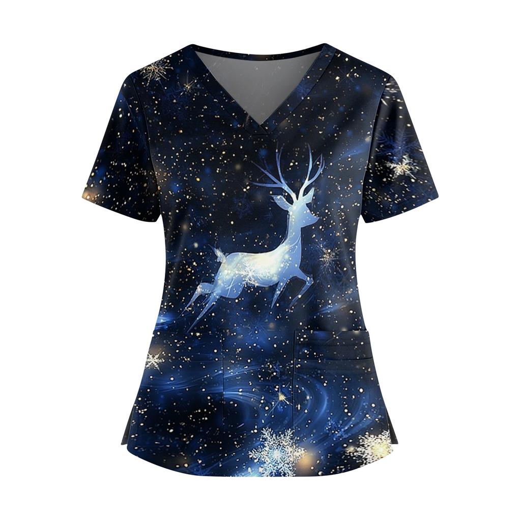 Women's Christmas Print V-Neck Short Sleeve Top with Double Pockets and Side Slits