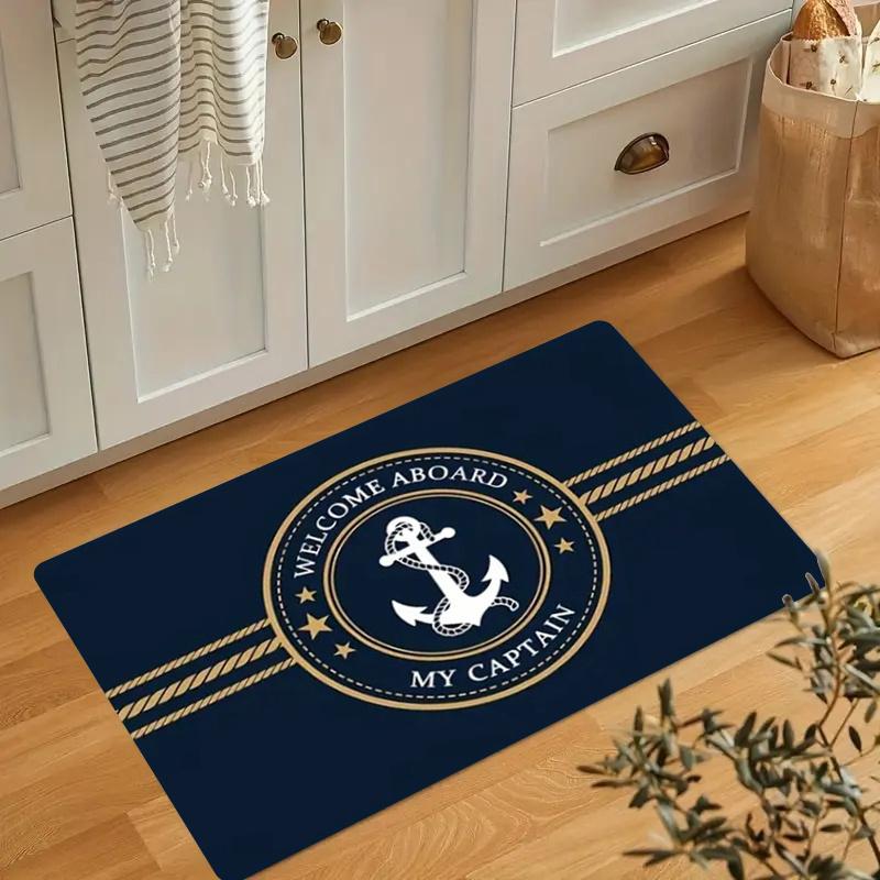 Benvenuto a Bordo Mio Capitano Zerbino Design con Ancora e Corda Nautica Tappeto Antiscivolo per Soggiorno Camera da Letto Ufficio Decorazione per la Casa