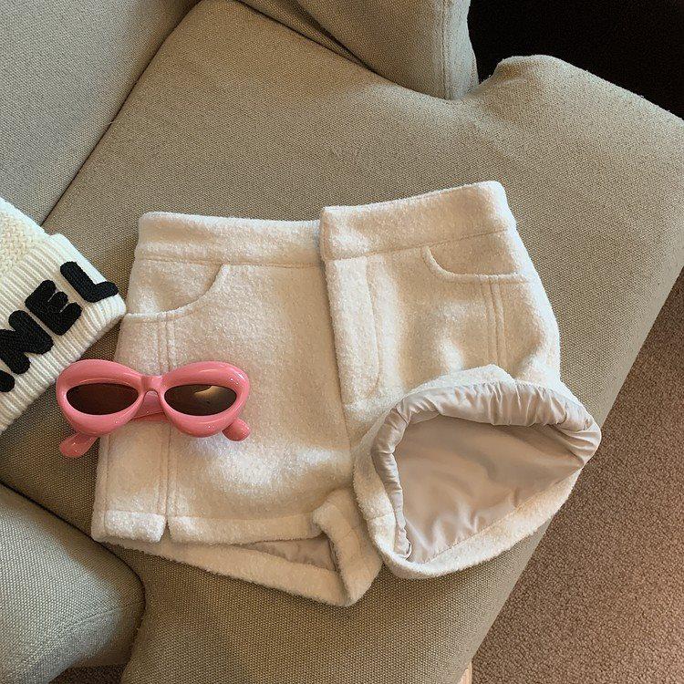 Women's High-Waisted White Tweed Wide-Leg A-Line Shorts for Spring and Autumn