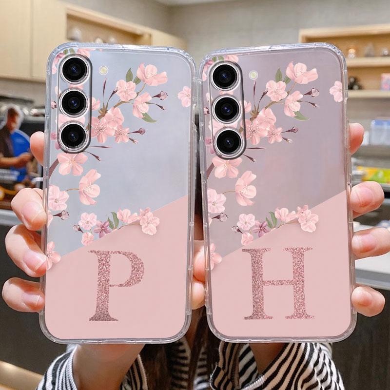For Samsung Galaxy A25 A14 A24 A34 A54 A15 A56 A06 A17 Phone Case Cover Letter A Z Pink Flowers Clear Soft Back TPU Fundas Shell