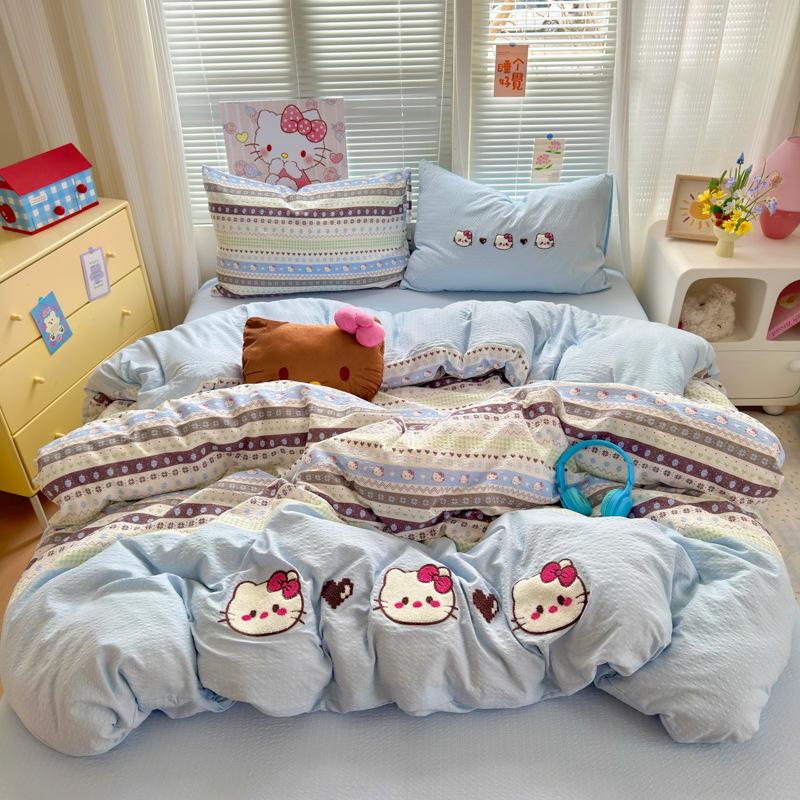 A-Class Mother & Baby 4-Piece Super Soft Puff Cotton Bedding Set: Duvet Cover & Fitted Sheet for Dorms