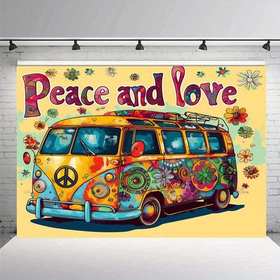 Vibrant Hippie Van Tapestry With The Inspirational Message "Peace And Love," Perfect For Bringing A Colorful And Positive