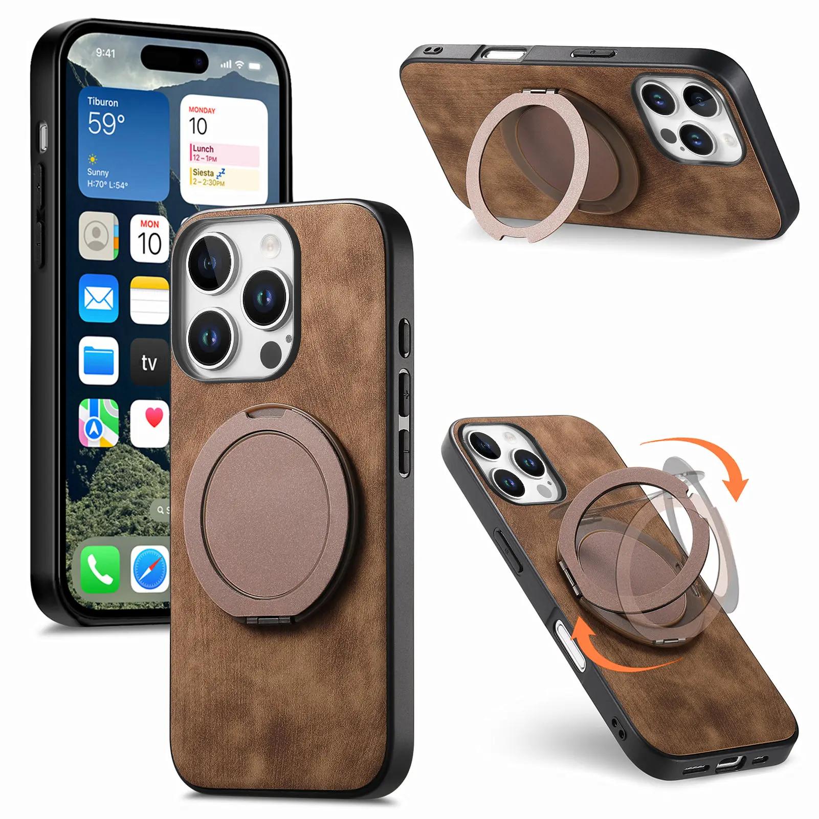 

360 Rotating Ring Holder Kickstand Case For iPhone 16 Pro Max 15 Plus 14 13 12 11 SE 2024 Retro Pu Leather Back Magnetic Cover For iPhone 16 Pro Max коричневый