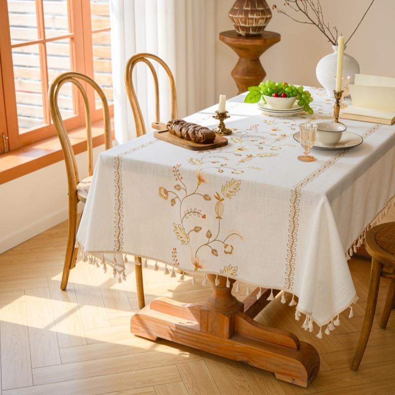 Embroidery High-Grade Waterproof Cotton And Linen Fabric Dining Table Cloth Rectangular Fringe Simple Tablecloth