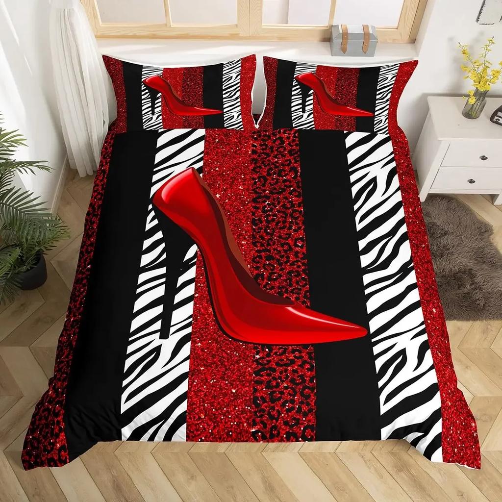 Queen Bedding Set Zebra Stripes Duvet Cover Red Glitter Lips Comforter Cover Girls Women Black White Leopard Print Duvet Set
