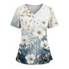 Women's Loose Short Sleeved Fashionable Flowers And Plants Printing V-neck Buttonable Side Slit Top T-shirt
