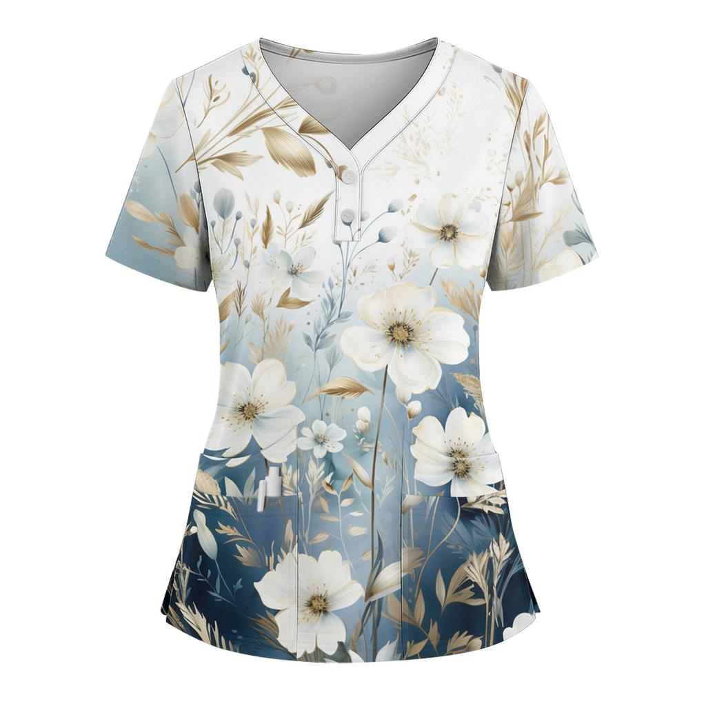 Women's Loose Short Sleeved Fashionable Flowers And Plants Printing V-neck Buttonable Side Slit Top T-shirt