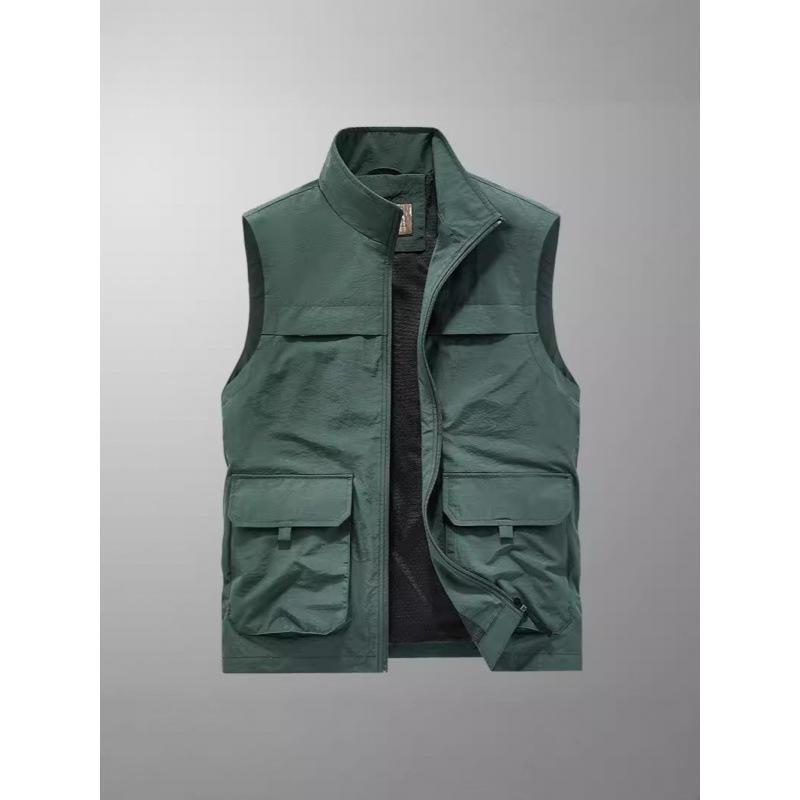 Four Seasons Men's Vest Thin Dad Sleeveless Stand-Up Collar Multi-Pocket Quick-Drying Vest Large Size Vest