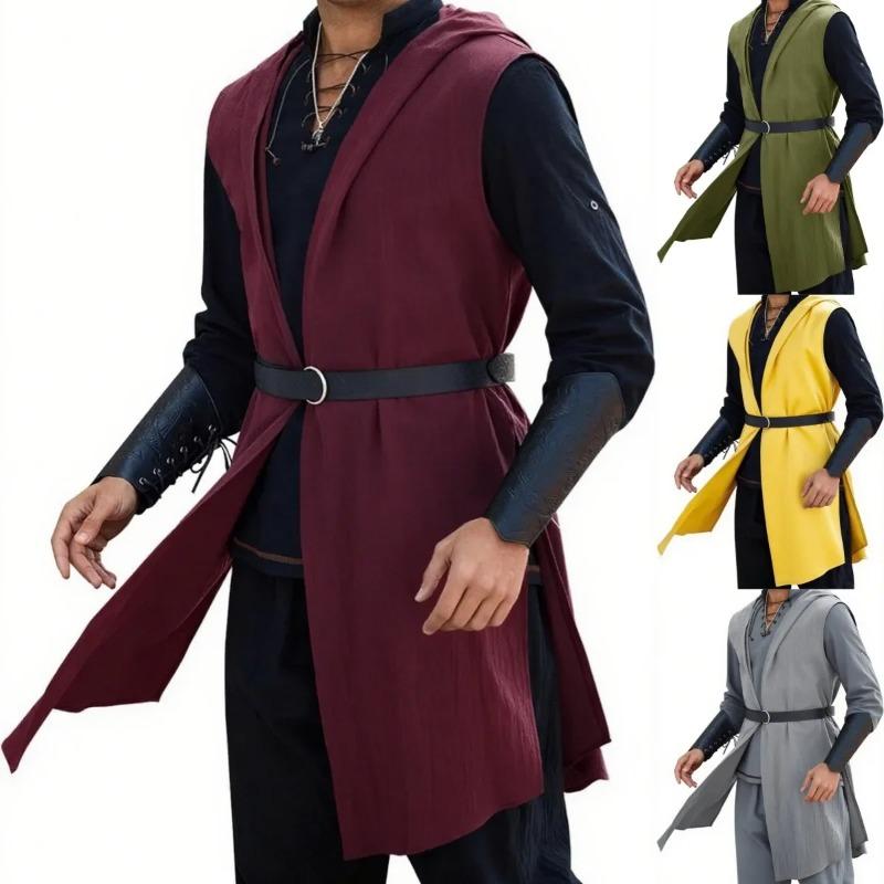 Men's Renaissance Ranger Costume Hooded Surcoat Medieval Knight Sleeveless Viking Holloween Cloak