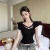 Fake two pieces of pure desire black lace neck short-sleeved T-shirt women's summer slim fit inside tight Spice Girl short top