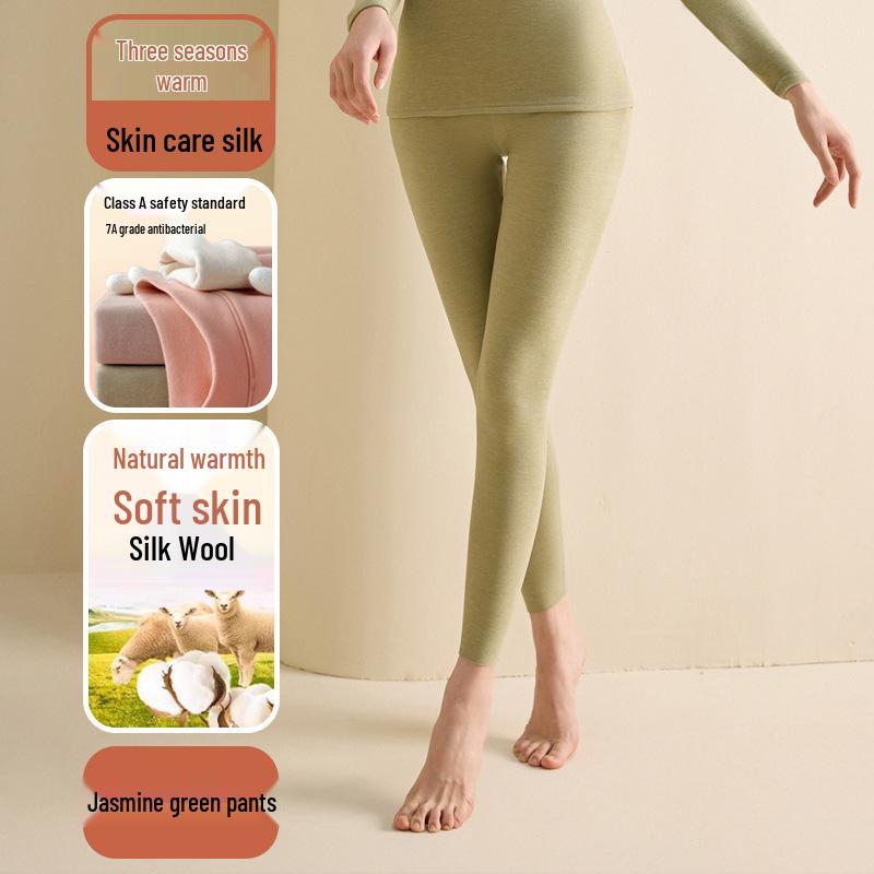Women's Wool Silk Thermal Set: Warm Stand Collar Top & Trousers - Heat-Generating, Skin-Friendly Base Layer for Autumn/Winter.