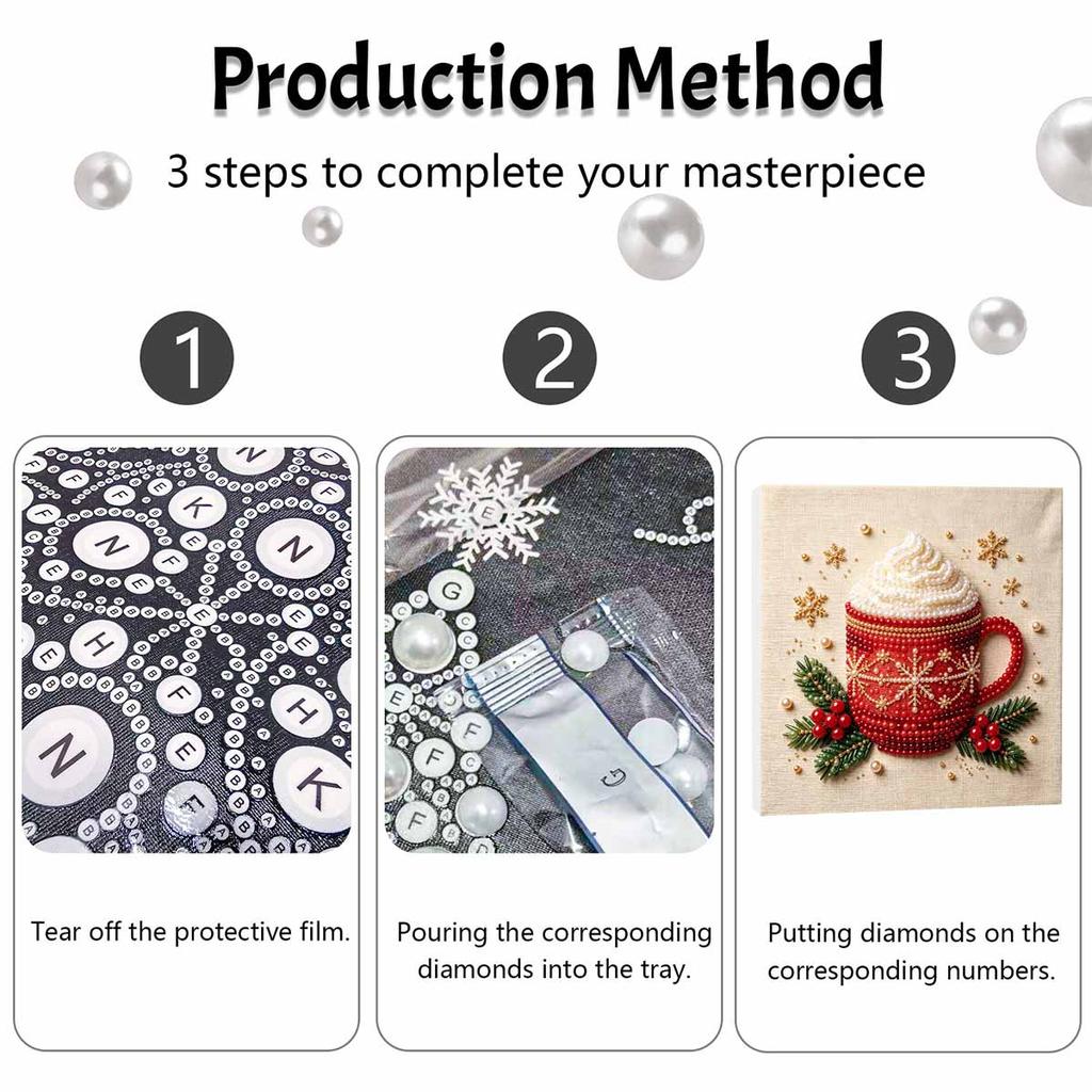 DIY 5D Pearl Painting Kit Framed with Christmas Hot Cocoa Mug Design Sparkling Bead Canvas Art Creative Gift for Nursery Room Decor
