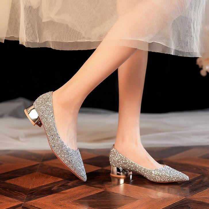Low Heel Shiny Glitter Pointed Women's Shoes Red High Heels Comfortable Wedding Shoes Banquet Shoes Bridesmaid Shoes