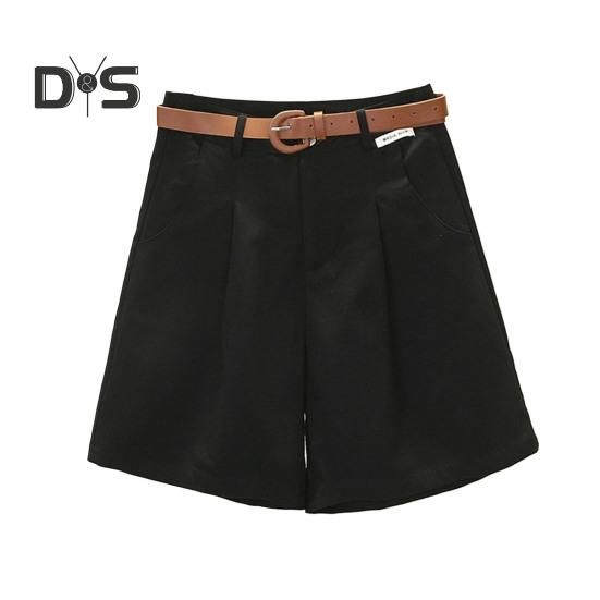 Women Summer Shorts A line Solid Color With Belt High Waist Suit Shorts Loose Pockets Zipper Button Closure Lady Dating Commute Shorts