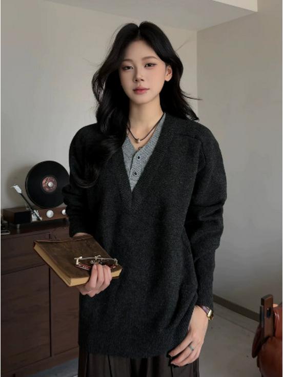 Luxurious Old Money V-neck Casual Loose Knit Sweater, Faux Two-Piece Unisex Autumn/Winter Trendy.