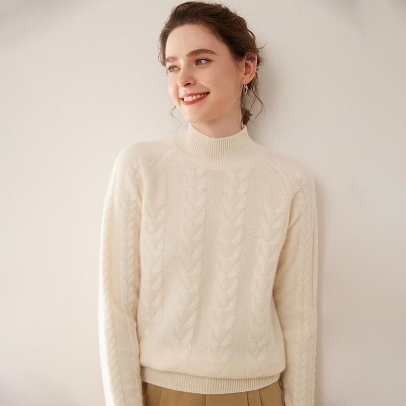 Women's Solid Color Twist Pattern Cashmere Sweater, Semi-high Neck, Loose Fit