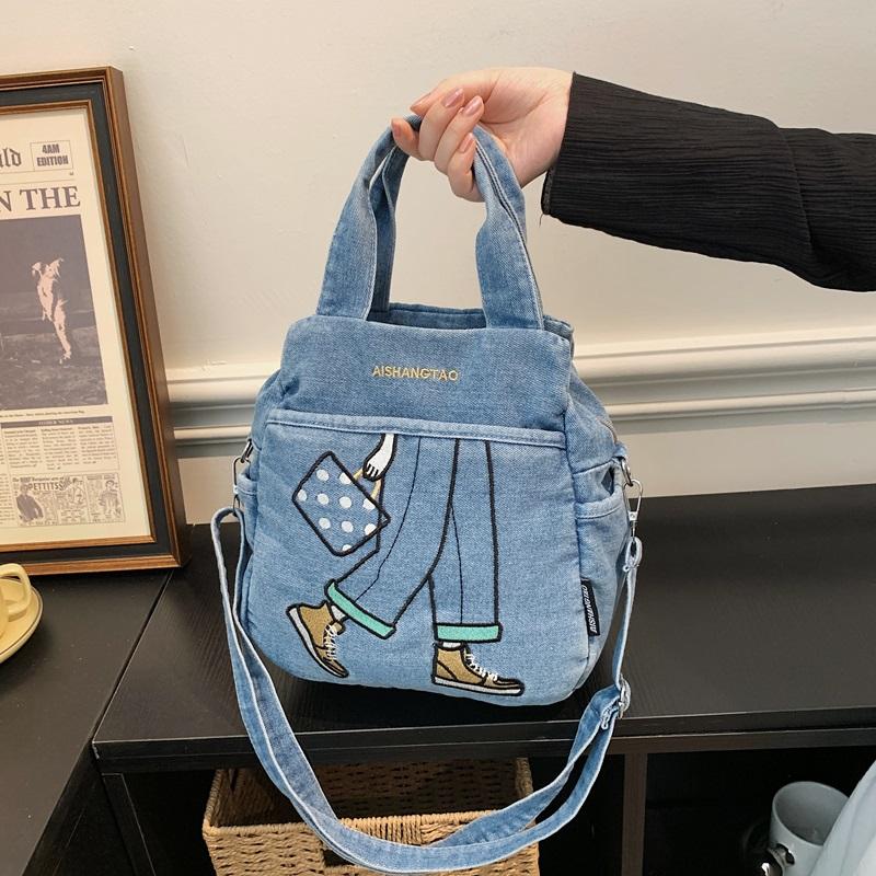 Bolso de Mezclilla Bordado Estampado Bolso Grande de Hombro Cruzado