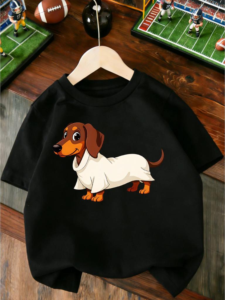 Cute Cartoon Dachshund Puppy Shirt Lovely Pet Dog Graphic Print T Shirt Family Matching Boys Girls Kids Short Sleeve Daily Tees