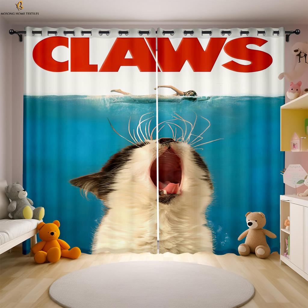 Cat Cartoon Printed Curtains Polyester Bedroom Living Room Kids Window Decoration Curtain Set Of 2 Made Washable Sitting Ready