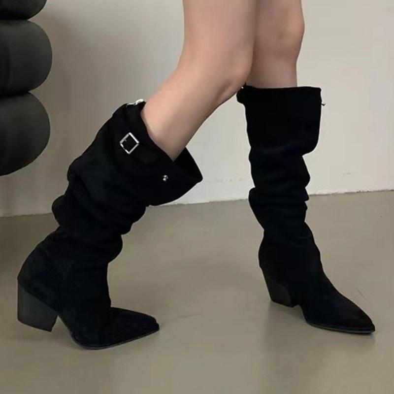 Winter Chunky Women High Boots Suede Pointed Retro Mid Heels Shoes 2025 Trend Designer Zipper Pumps Gladiator New Botas De Mujer