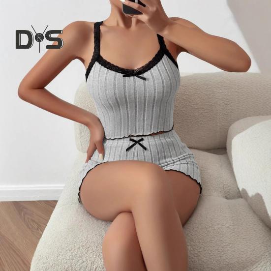 2 Pcs/Set Women Summer Pajamas Suit Shirring Edge Sleeveless Backless Crop Top Lace Bow Decor High Waist Mini Shorts Daily Nightie Slim Fit Sleepwear