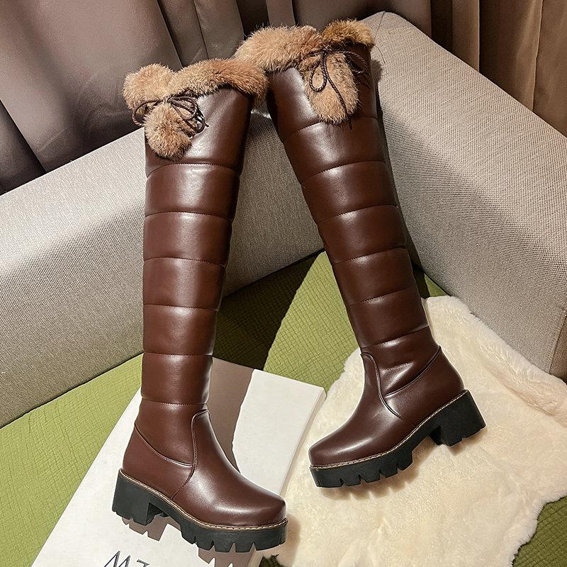 Fashion Waterproof Cold Winter Russia Female Warm Shoes Platform Chunky Heels Plush Over-the-knee Snow Boots with Real Rabbit Fur Pom