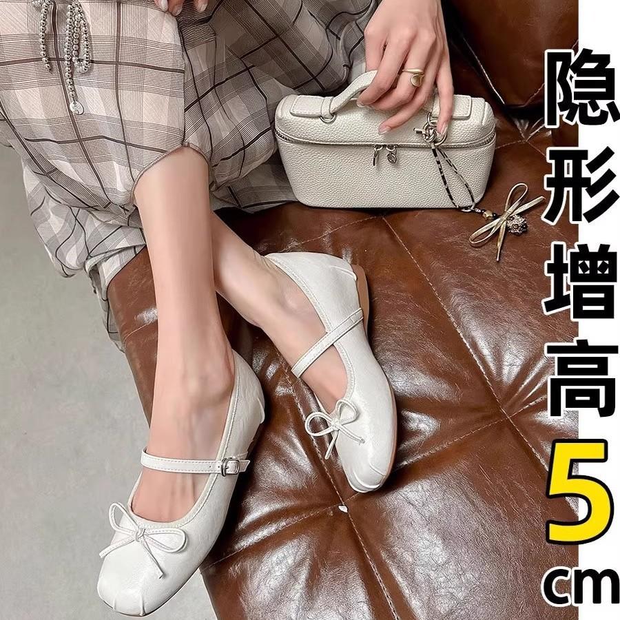 Sheepskin Version~ 5cm Inner Height Increase Mary Jane Women's Shoes 2025 New Summer French Ballet Light Mouth Silver Single Shoes