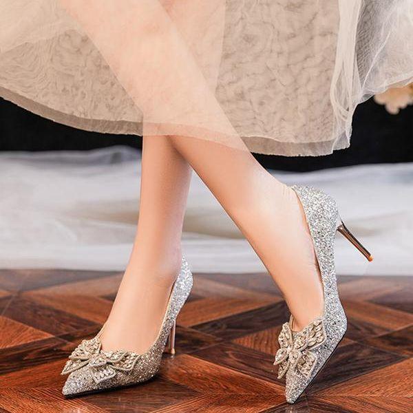 Francuskie piękne buty ślubne damskie nowe show On główna suknia ślubna dwa noszenia cienkie obcasy srebrne ślubne wysokie obcasy kobiety nie są zmęczone