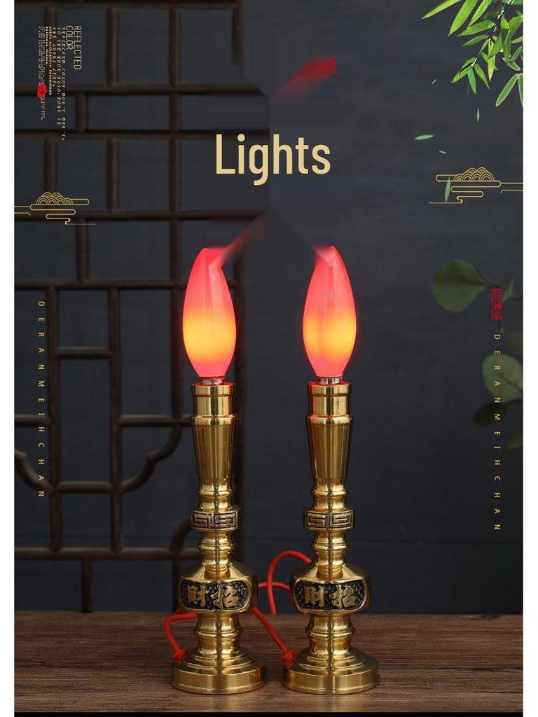 Pure Copper LED Candle Lamp for Offering: Everlasting Wealth God Incense Candlestick