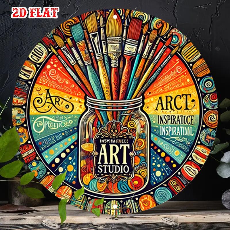 Colorful Paintbrushes in Jar HD Metal Wall Art Art Studio Inspirational Round Tin Sign for Creative Workshop Decor 20x20cm(8x8inch)