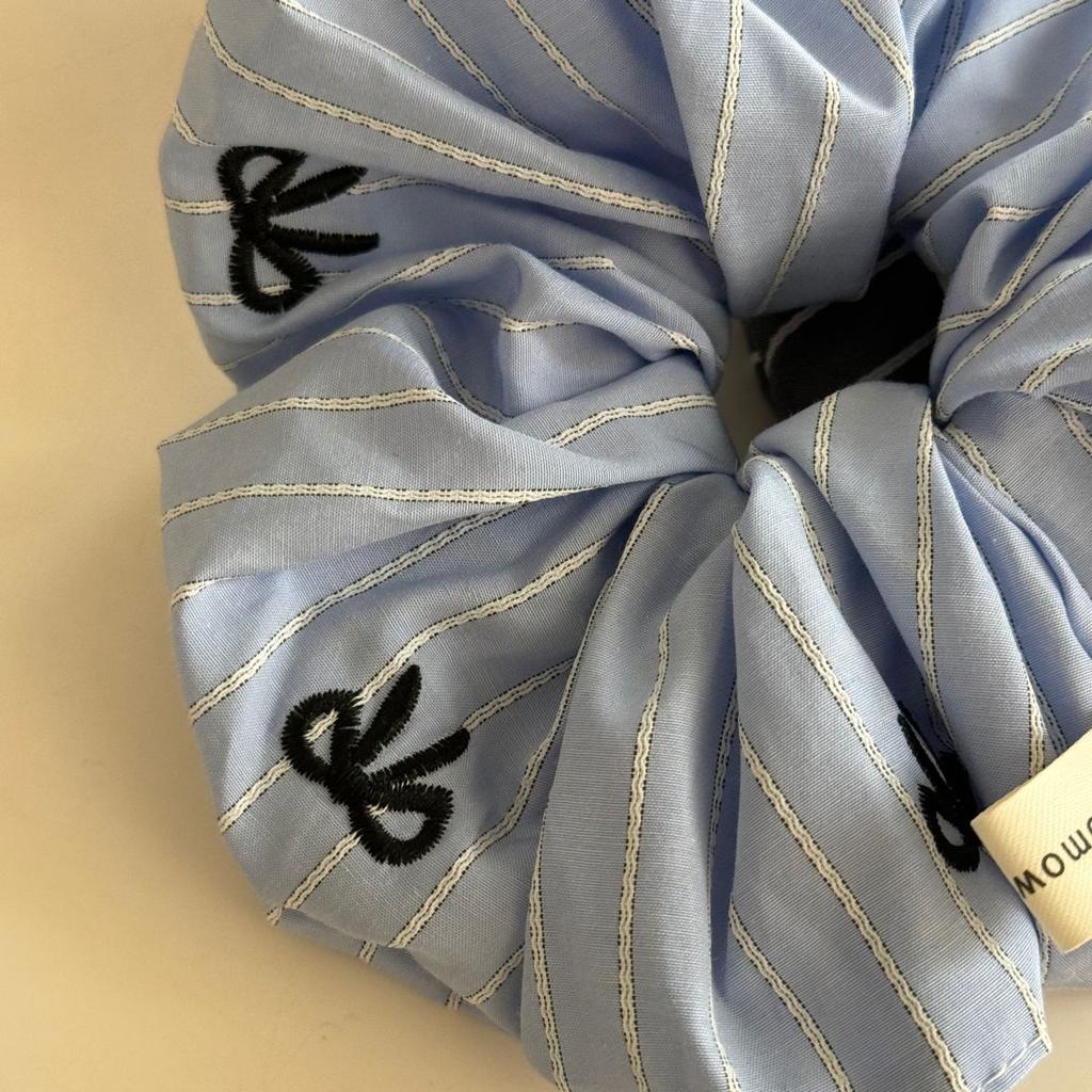 Fresh Blue Embroidered Bow Striped Elastic Hair Band Sweet Fashion Ponytail Headdress Textured Hair Accessories